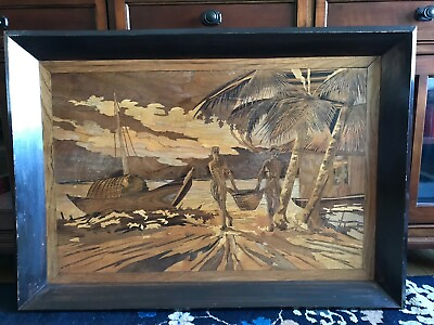 #ad Antique Marquetry Fisher Men Figures Boats Palm Tree Scene Wooden Wall Folk Art $288.99