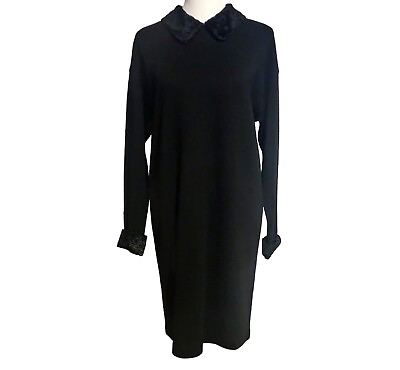 #ad Liz Claiborne Vtg Black Acrylic Wool Faux Fur Collar Cuff Buttons Modest Dress L $49.87