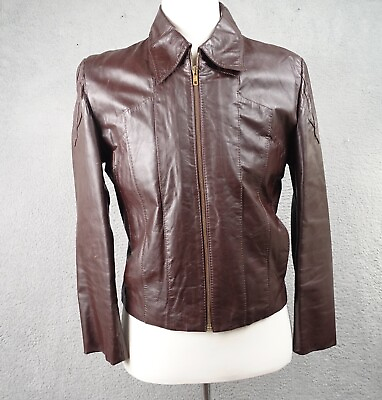 #ad Vintage Leather Jacket Brown Zip Up Ambassador Mens Womens Fitted Chest is 40 in $34.77