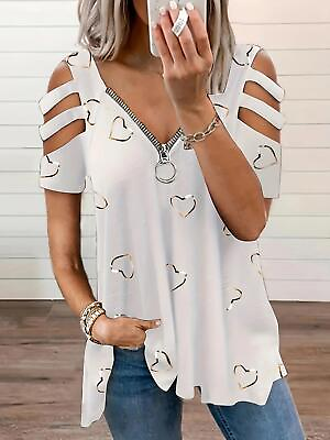 #ad Women Cold Shoulder Zipper T Shirt Blouse Ladies Summer Casual Loose Tunic Tops $18.99