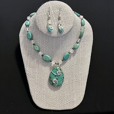 #ad Faux Turquoise Statement Necklace Boho Drop Pendant Polished Stones Earrings Set $29.95