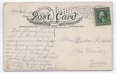 #ad 1916 Pomona CA panama california expo slogan flag cancel postcard 5838.220 $8.99