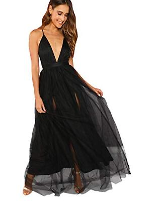 #ad Floerns Womens Plunging Neck Spaghetti Strap Maxi Cocktail Party Dress Black M $7.99