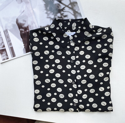 #ad New Black White Polka Dot Print 100% Silk Equipment Shirt Long Sleeved Blouses $109.62