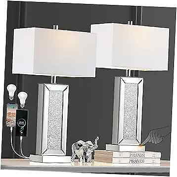 #ad Modern Table Lamp Set of 2 Touch Control Mirror Diamond Crystal Bedside Silver $156.80