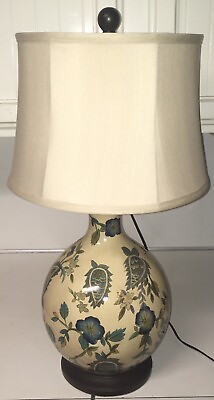 #ad Ceramic Table Lamp Morning Glory Flowers Beige Blue Green 15X28quot; Fabric Shade $175.00