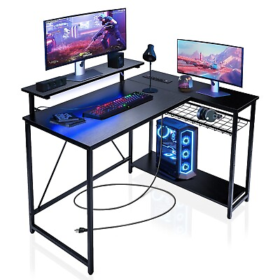 #ad L Shaped Gaming Computer Desk with Shelves amp; LED amp; Outlets amp; USB Charging Port $99.99