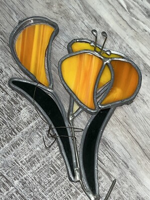 #ad Vintage Leaded Metal Stained Glass Tulips Flowers Artwork Handmade SunCatcher $15.00