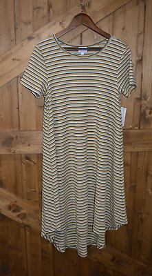 #ad LuLaRoe Size Small Carly High Low Dress Black Yellow Gray White Stripes NWT $30.50
