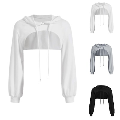 #ad Women#x27;s Crop Soild Color Hoodie Pullover Round Collar Cut Outs Shirts With Hood $18.62