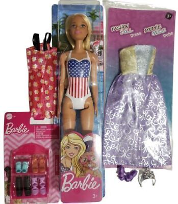 #ad Mattel Barbie U.S.A. Flag Brunette Beach Doll w Gown and Accessories $14.99