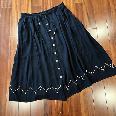 #ad Vintage Liz Sport Black Skirt Beaded Textured Button Boho Midi Sz Petite Small $24.00