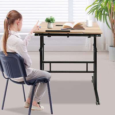 #ad Rolling Laptop Desk Adjustable Height Computer Table Stand up Office Workstation $73.49
