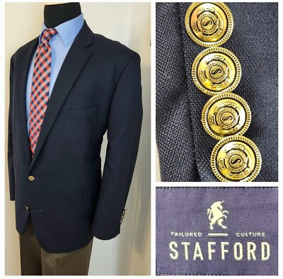 #ad STAFFORD Gold Button Blazer Navy Blue Men Jacket Sport Coat 50R Portly Fit 50 R $50.15