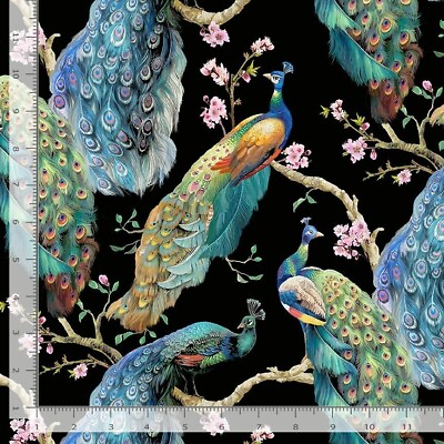 #ad Peacock Peacocks flowers black Timeless CD2580 durable cotton Fabric $9.79