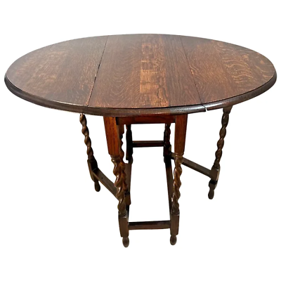 #ad Antique Kitchen Dining Table Barley twist Gate Leg Drop side Oval Oak Petite $1295.00