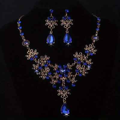#ad 3 PCS Elegant Royal Blue Rhinestone Flower Necklace Earrings Set Wedding Party $23.98