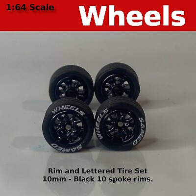 #ad 10 10mm Black 10 Spoke Lettered treaded rubber tire set. for Hot Wheels $3.89