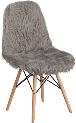 #ad Contemporary Funky Retro Charcoal Shaggy Accent Dining Chair with Wood Base $134.96