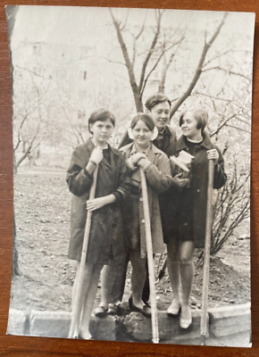 #ad Beautiful Soviet young women on cleaning the territory of the park Vintage photo $5.50