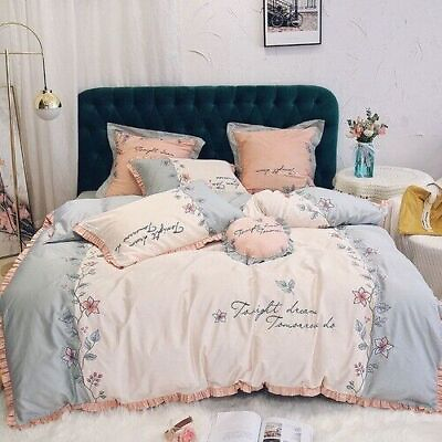 #ad 4pcs Korean Style Princess Cotton Embroidery Flower Cotton Cover Bed Bedding Set $521.26