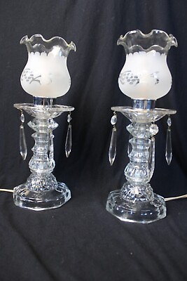 #ad Pair Crystal Boudoir Lamps w Frosted Shades prisms Beautiful $79.97