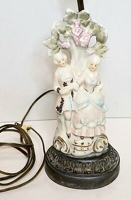 #ad Vintage Porcelain Victorian Couple Metal Base Electric Lamp Brass Finial #2 $45.00