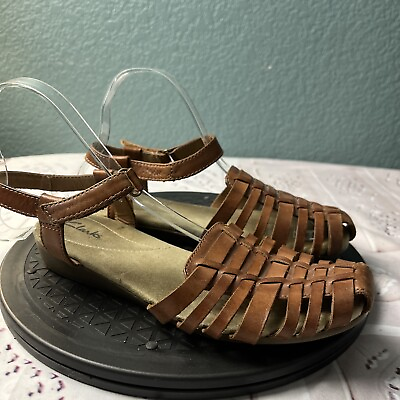 #ad Clarks Woven Sandals Brown Leather Flats Buckle Comfort Shoes Womens 8 Slingback $21.88