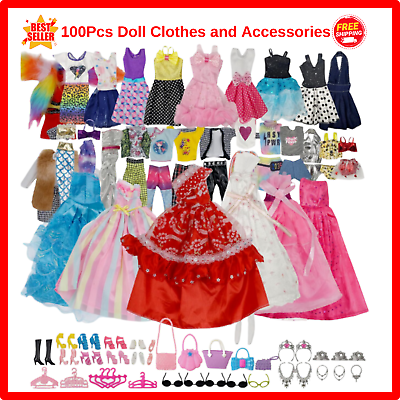 #ad 100PCS Barbie Clothes Doll Fashion Wear Clothing Outfits Dress up Gown Shoes Lot $24.99