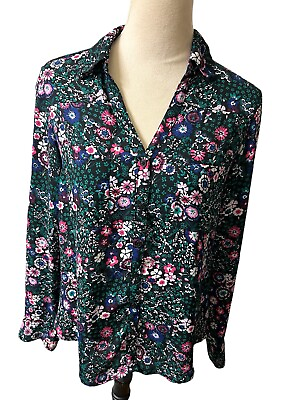 #ad Express Womens Blue Pink Floral Portofino Shirt Button Up Pocket Roll Tab M $17.95