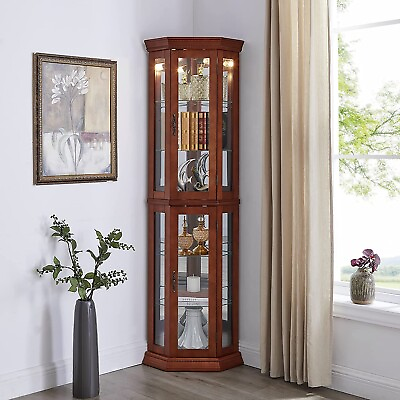 #ad Corner Curio Cabinet with Lights Adjustable Glass Shelves Mirrored Back $352.98