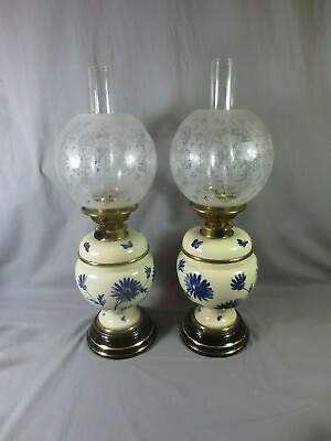 #ad RARE PAIR OF ANTIQUE HINKS POTTERY TABLE OIL LAMPS AND ANTIQUE OIL LAMP SHADES GBP 995.00
