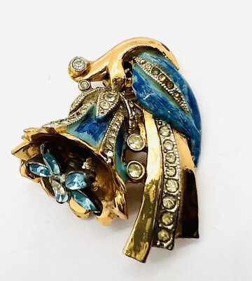 #ad 1939 CORO Blue Enameled Rhinestone Single DUETTE Dress Clip Vintage Jewelry $199.99