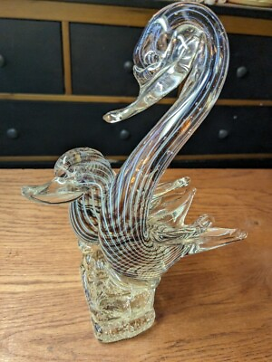 #ad Art Glass Sculpture Swans Large and Small White and Brown Swirl on the inside $45.43
