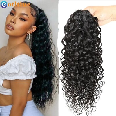 #ad Water Wave Claw Ponytail Human Hair Extension Wavy Hair Brazilian Natural Black $144.54
