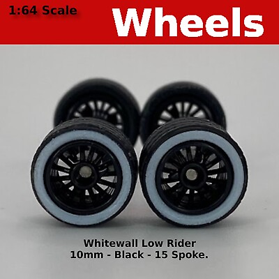 #ad 10 10mm Black Whitewall 15 spoke Low Rider Wheel Set for 1 64 for Hot Wheels $3.89