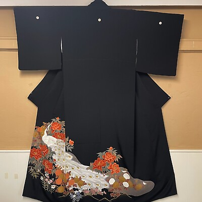 #ad Vintage Japanese Kimono Kuro Tomesode Formal Kimono White Peacock $89.00