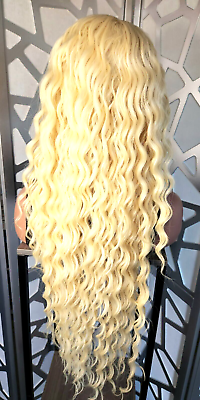 #ad Lace Front Wig Long Curly Golden Yellow Blonde Wig Human Hair Blend Deep Wave $99.00