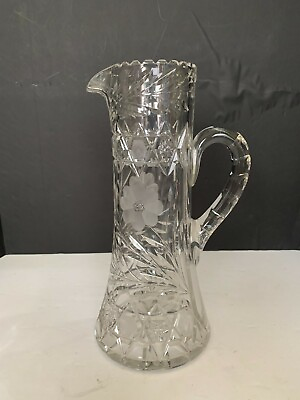 #ad Vintage Heavy Cut Glass Water Pitcher Flower Pattern 13 Inches Tall $87.50