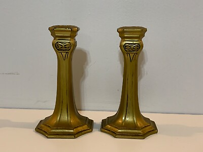 #ad Vintage Antique Art Deco Cast Metal Gold Painted Pair of Candle Stick Holders $120.00
