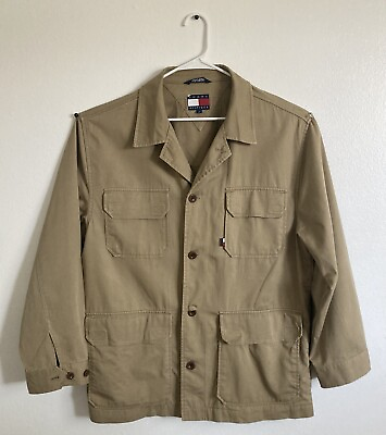#ad Tommy Hilfiger Men#x27;s L Tan khaki outdoor jacket chore coat.minor 2 Stains READ $24.00