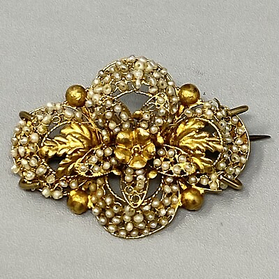 #ad 18k Gold Georgian Brooch Antique Seed Pearls 6.03g Flower Layered Dimensional $519.99