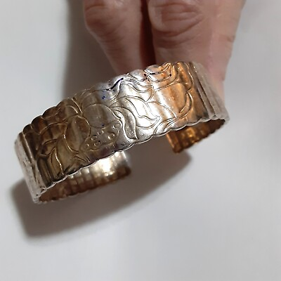 #ad Brass silver tone cuff bracelet floral design adjustable $11.20