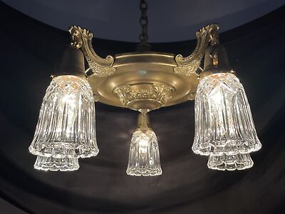 #ad RESTORED Antique Vtg Art Craft Deco Victorian Chandelier Brass Crystal Pan Light $599.99
