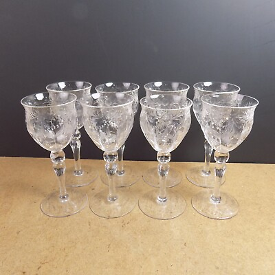 #ad 8 Antique Crystal Wine Glasses Rock Cut Intaglio Floral Glass $459.99