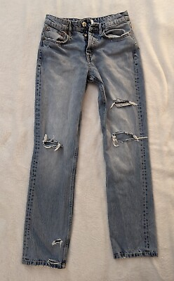 #ad ZARA Jeans Womens Blue Denim Light Washed Distressed Straight Slim Size 6 $24.99