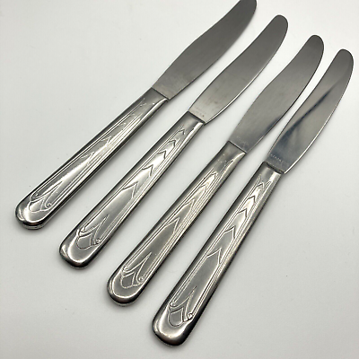 #ad 4 Vintage Stainless Art Deco Pattern Dinner Knives Made In USA 8 5 8quot; set of 4 $9.99