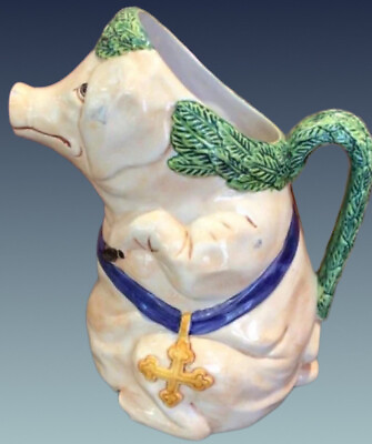 #ad Vintage Costa Italian Hand Painted Pottery Monk Pig Pitcher Lg. $42.00