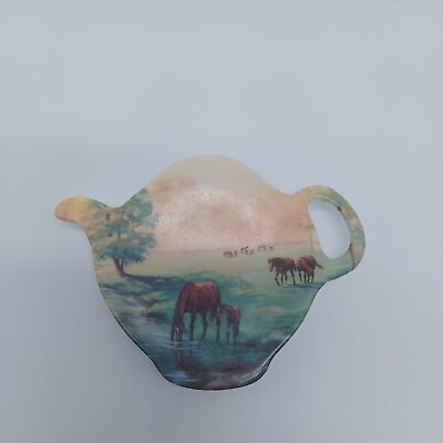 #ad Melamine Horses Ponies Out in the Pasture Tea Bag Holder Italy $6.58