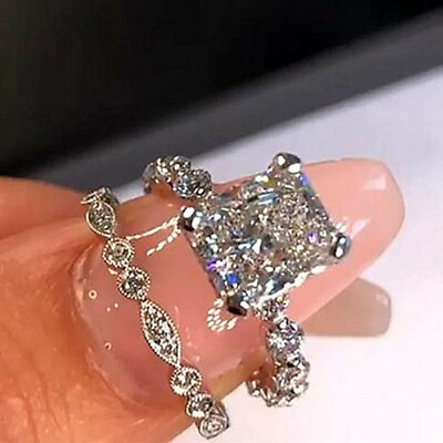 #ad 2pcs 925 Silver Filled Women Wedding Ring Set Cubic Zircon Jewelry Gift Sz 6 10 C $3.82